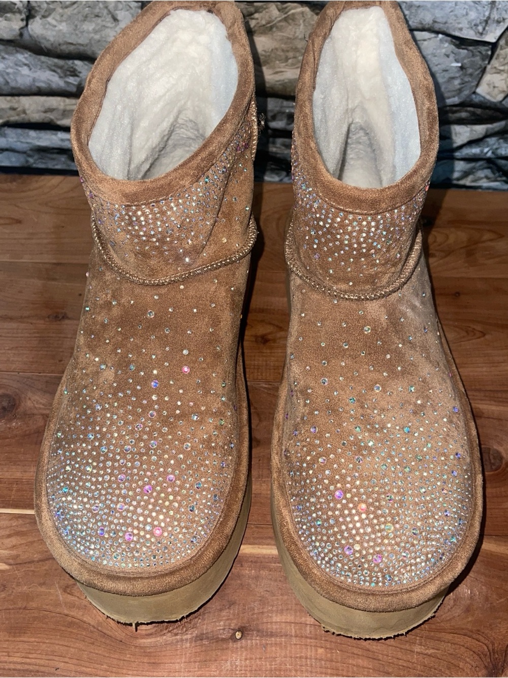 Madden Girl Ease Rhinestone Platform Ankle Boots Embellished Tan Platform 
Sz 10
